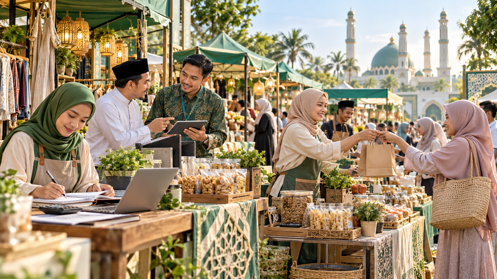 Pasar UMKM halal dengan aktivitas keuangan, pembiayaan, dan transaksi di depan masjid